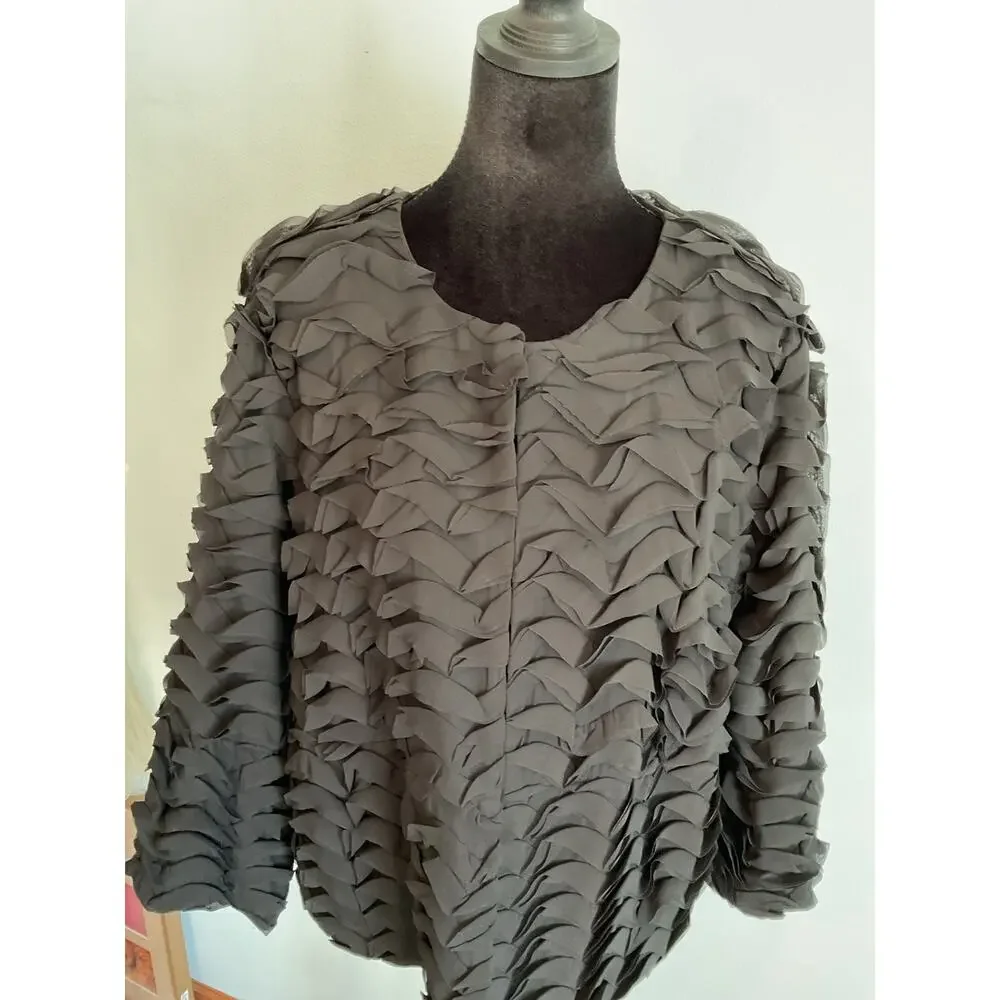 John Mark Black Ruffle Tiered Topper Jacket Hook & Eye Closure - Women's Size L